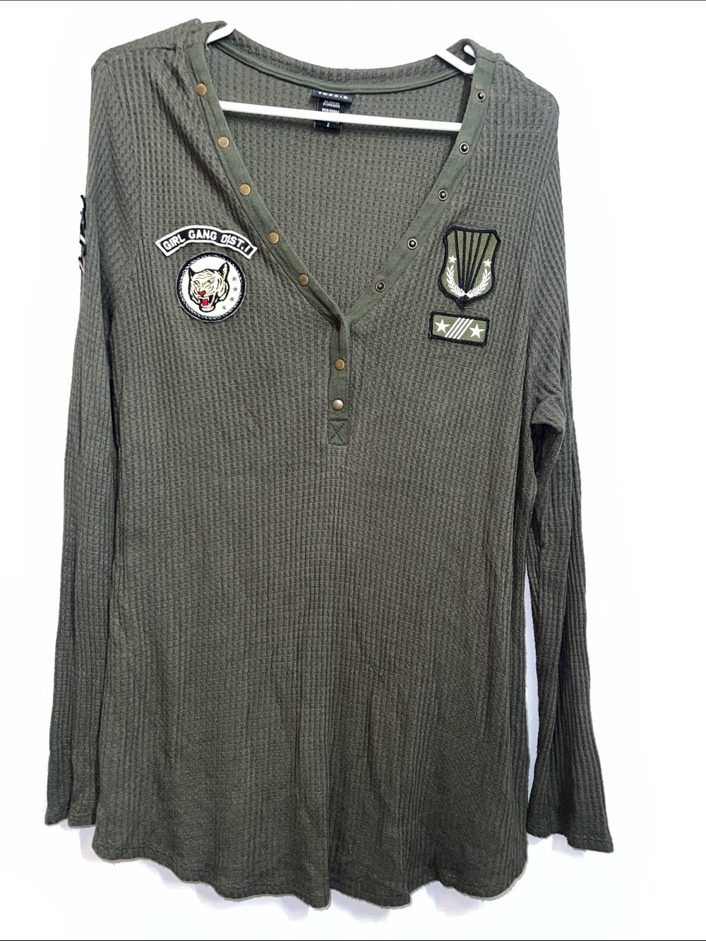 torrid Olive Green Long Sleeve Waffle Knit Henley with Patch Details